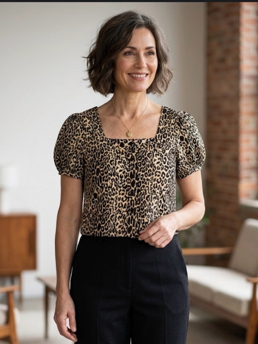 Leopard Print Square-Neck Puff Sleeve Blouse - Beige/Black